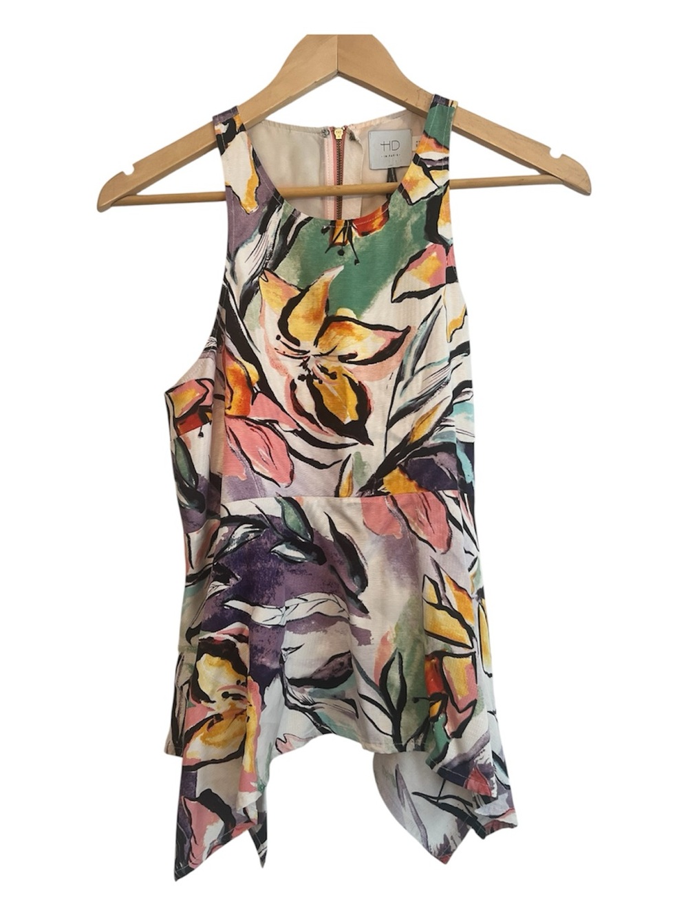 HD in Paris Anthropologie Floral Watercolor Peplum Asymmetrical Tank Top Size 4
